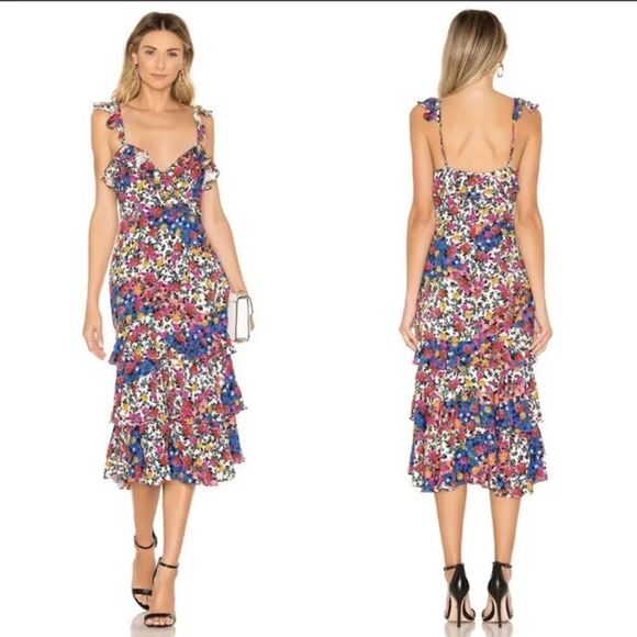 NWOT REVOLVE, Majorelle Nolita Ruffle Floral Midi Dress in Patchwork Multi - Picture 1 of 9